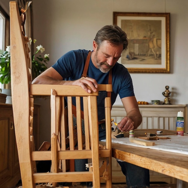 Zdjęcie mężczyzna pracuje na drewnianym krześle.
