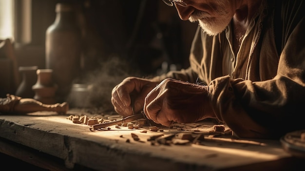 Mężczyzna pracuje na kawałku drewna ze światłem świecącym na jego twarz.