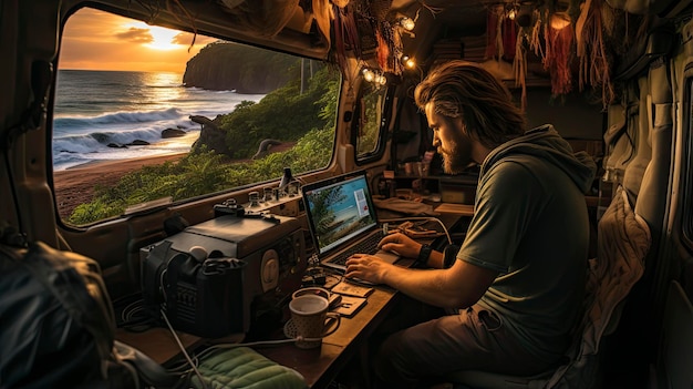 mężczyzna pracuje na komputerze w łodzi, na tle góry.