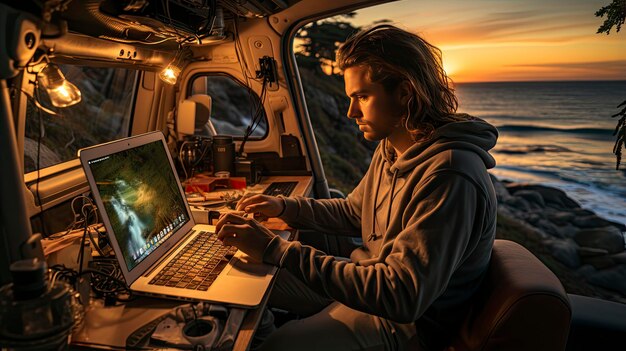 Zdjęcie mężczyzna pracuje na laptopie na małym statku kosmicznym.
