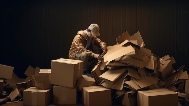 Zdjęcie mężczyzna pracuje nad stosem pudełek kartonowych.
