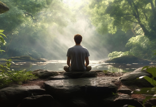 Zdjęcie mężczyzna praktykujący uważność i medytację w spokojnym naturalnym środowisku