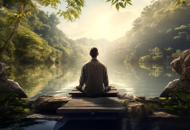 Mężczyzna praktykujący uważność i medytację w spokojnym naturalnym środowisku