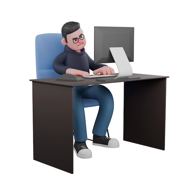 Mężczyzna programista siedzi na krześle przy biurku podczas obsługi komputera Professional Tech