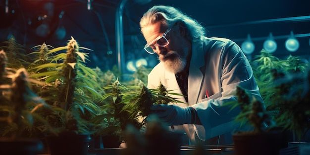 Zdjęcie mężczyzna prowadzący badania nad marihuaną na farmie konopi indyjskich badający jej zastosowania koncepcja marihuana wykorzystuje badania na farmie marihuany badacz uprawy marihuany korzyści z roślin konopi