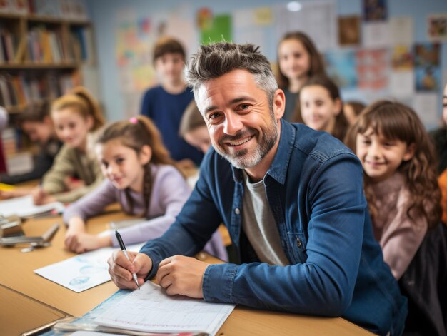 Mężczyzna prowadzący lekcję matematyki w klasie