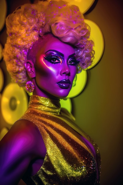 Mężczyzna przebrany za kobietę i noszący makijaż w stylu drag queen transwestyta LGBT Generative AI