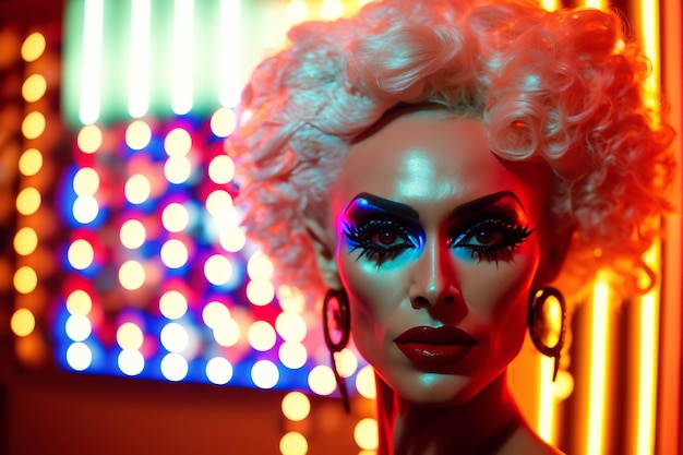 Mężczyzna przebrany za kobietę i noszący makijaż w stylu drag queen transwestyta LGBT Generative AI