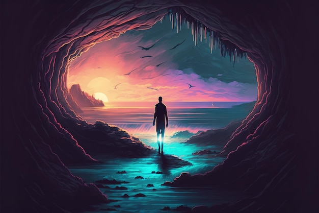 Mężczyzna przechadzający się po jaskini morskiej o zachodzie słońca Koncepcja fantasy Malarstwo ilustracyjne Generatywna sztuczna inteligencja