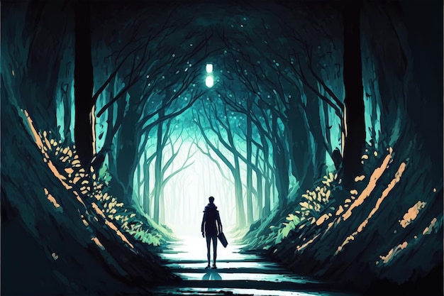 Mężczyzna przechadzający się po wspaniałym lesie Koncepcja fantasy Malarstwo ilustracyjne Generatywna sztuczna inteligencja