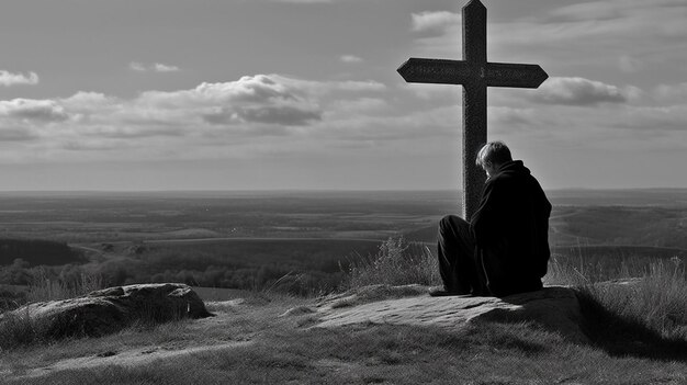 Zdjęcie mężczyzna przed drewnianym krzyżem na wsi czarno-biały