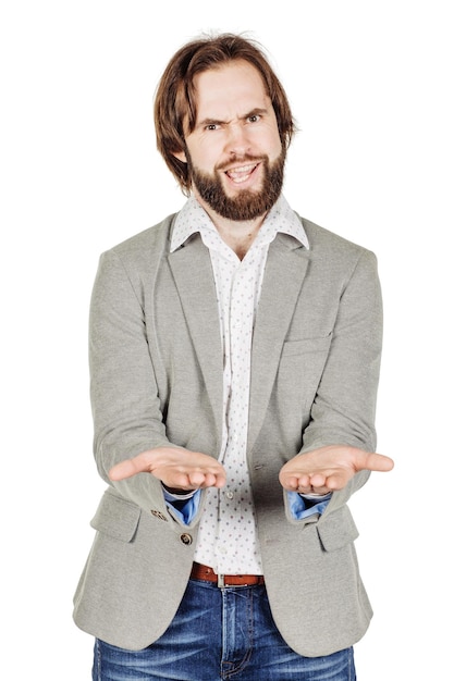 Zdjęcie mężczyzna przedstawiający lub pokazujący coś, co tekst lub produkt wyraża ludzkie emocje i obraz koncepcji stylu życia na białym tle studia