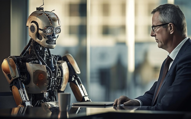 Mężczyzna przeprowadza wywiad z robotem AI w biurze
