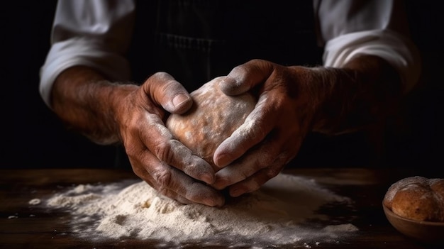 Mężczyzna przygotowujący ciasto do chleba na drewnianym stole w piekarni z bliska starszy mężczyzna gniotąc ciasto robiąc chleb przy użyciu tradycyjnego receptury izolowanego na czarnym tle Generatywna sztuczna inteligencja