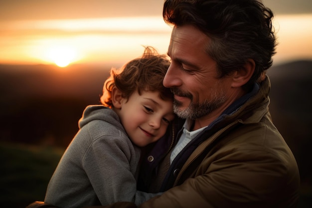 Zdjęcie mężczyzna przytula dziecko o zachodzie słońca. ojciec spędza czas z synem.
