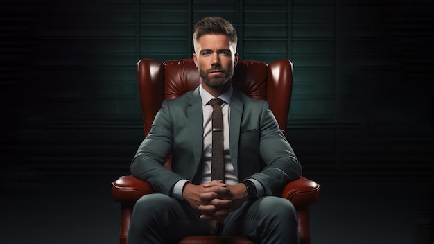 Mężczyzna psycholog w garniturze siedzi na czerwonym krześle pośrodku kadru