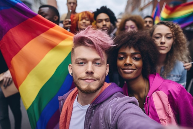 Mężczyzna rejestruje chwilę z tęczową flagą na selfie pride i wydarzeniach LGBTQ
