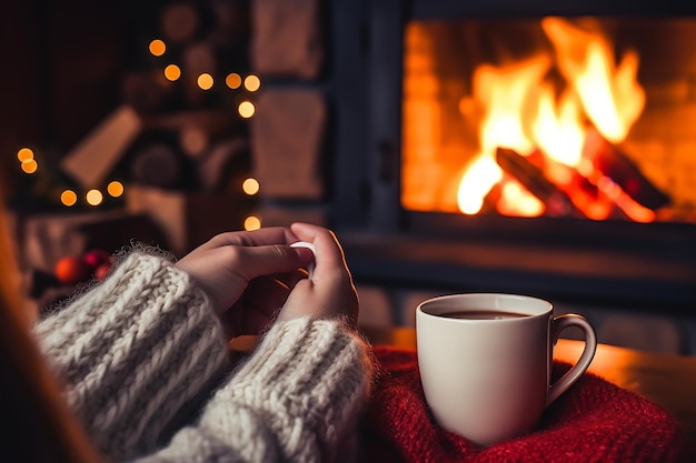 Mężczyzna relaksuje się przy ciepłym ogniu z filiżanką gorącej kawy Koncepcja zimowych wakacji