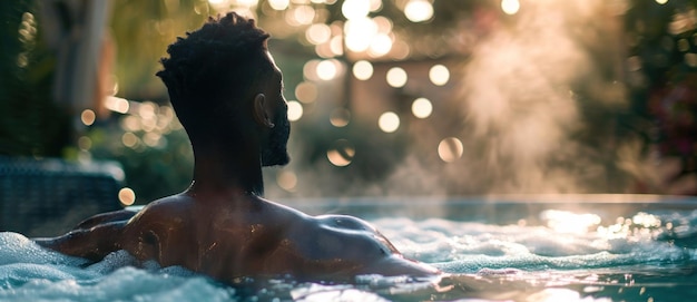 Mężczyzna relaksuje się w wannie z gorącą wodą, jego sylwetka błyszczy na tle błyszczących świateł i pary.