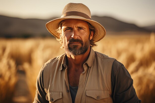 Zdjęcie mężczyzna rolnik stojący w kapeluszu z złożonymi ramionami na polu pszenicy