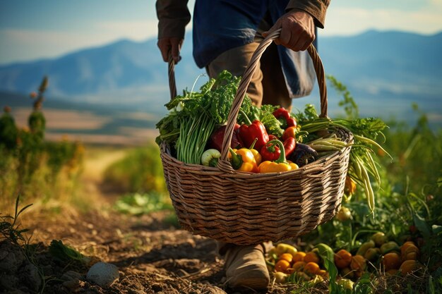 Zdjęcie mężczyzna rolnik trzyma warzywa w swoim koszu kobieta zbierająca warzywa organiczne na farmie zbierane warzywa sezonowe rolnictwo organiczne dla zdrowego stylu życia