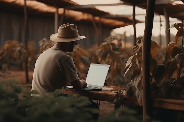 Mężczyzna rolnik używający cyfrowego laptopa w gospodarstwie rolnym jesienią