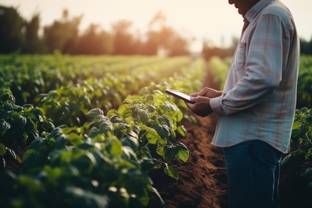 mężczyzna rolnik używający tabletu komputerowego do monitorowania wzrostu plantacji na świeżym powietrzu na zielonym polu o zachodzie słońca