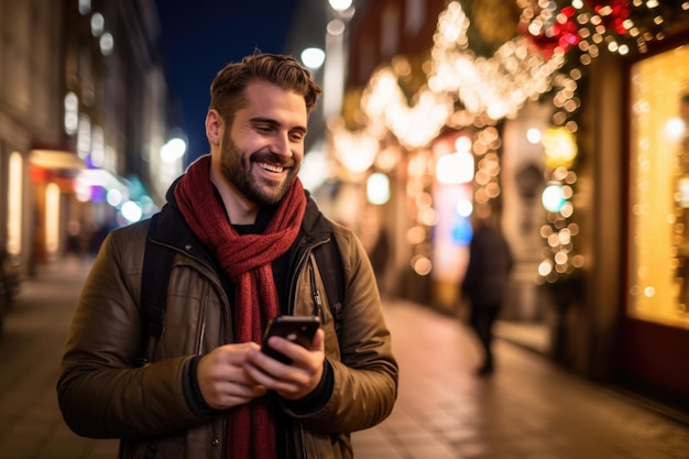 Mężczyzna rozmawiający przez telefon w nocnym mieście przeszukujący trasy i wpisując wiadomości