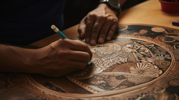 Mężczyzna rysuje rysunek na kawałku drewna.