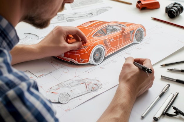 Zdjęcie mężczyzna rysuje samochód na kawałku papieru