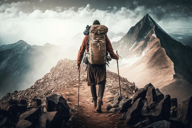 Mężczyzna schodzący ze szczytu górskiego z plecakiem i kijkami trekkingowymi w ręku