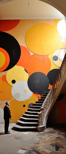 Zdjęcie mężczyzna schodzi po schodach przed kolorową ścianą z dużym kolorowym obrazem
