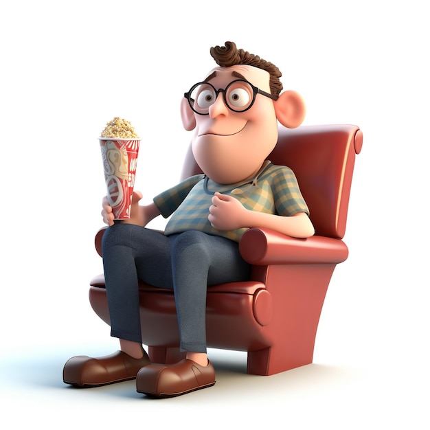 Mężczyzna siedzący na czerwonym krześle jedzący popcorn i patrzący w kamerę.