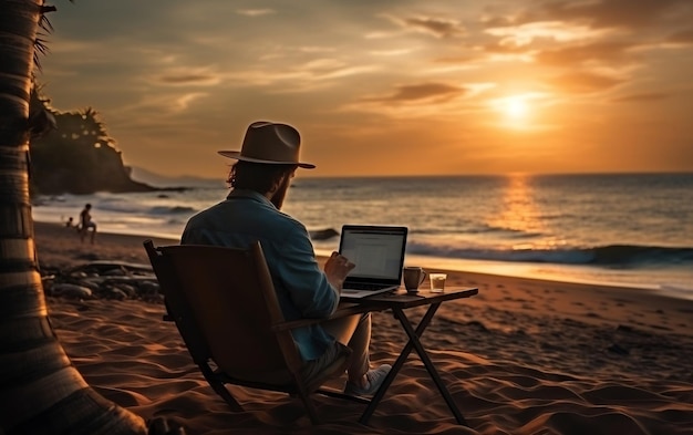 Zdjęcie mężczyzna siedzący na krześle na plaży pracujący nad laptopem ai