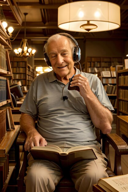 mężczyzna siedzący na krześle z książką i słuchawkami na głowie oraz książką w dłoni w bibliotece