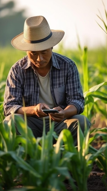 mężczyzna siedzący na polu i patrzący na swój telefon komórkowy