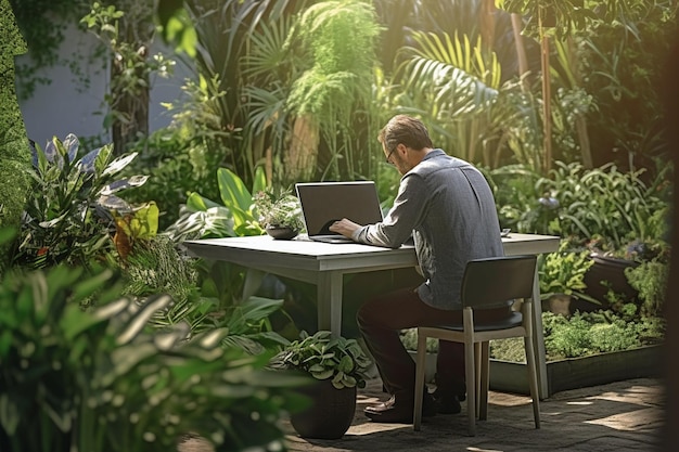 Mężczyzna siedzący na stole na zewnątrz i korzystający z laptopa w ogrodzie z generatywną sztuczną inteligencją