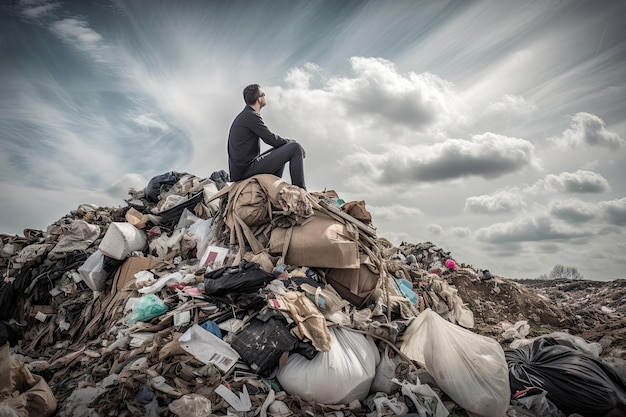 Mężczyzna siedzący na szczycie ogromnego wysypiska z dużą ilością plastikowych odpadów Zanieczyszczenie środowiska Generacyjna sztuczna inteligencja