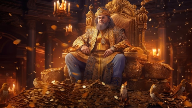 Mężczyzna siedzący na tronie ze złotymi monetami.
