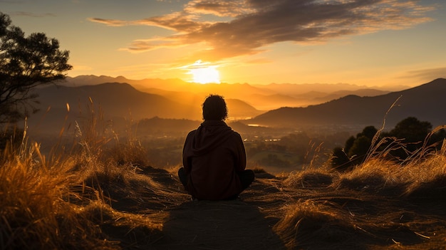 Mężczyzna siedzący na wzgórzu i cieszący się zachodem słońca