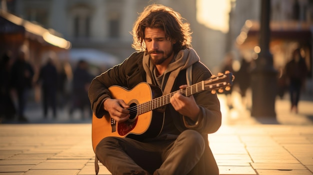 Mężczyzna siedzący na ziemi grający na gitarze z pasją i umiejętnością