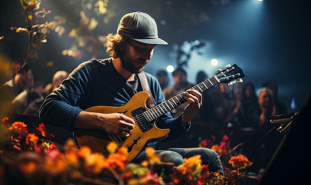 Mężczyzna siedzący na ziemi grający na gitarze