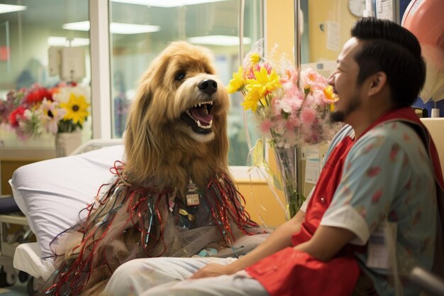 Mężczyzna siedzący obok psa w szpitalnym pokoju