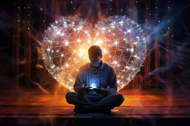 Mężczyzna siedzący przed obiektem w kształcie serca