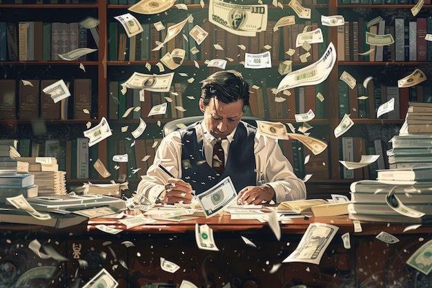 Mężczyzna siedzący przy biurku otoczony pieniędzmi