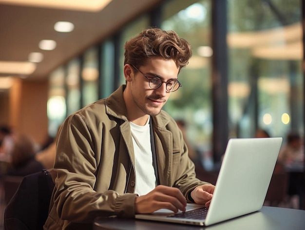 Mężczyzna siedzący przy stole i pracujący na laptopie