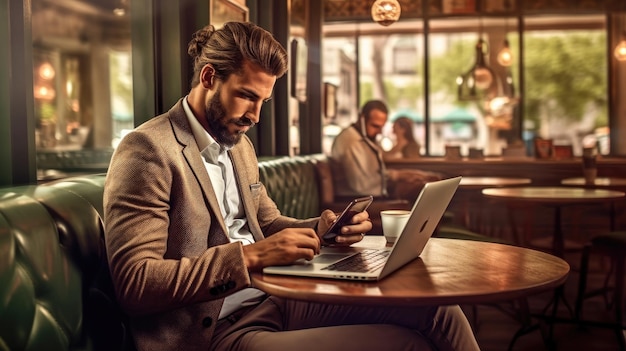 Mężczyzna siedzący przy stole z laptopem i mężczyzna korzystający ze smartfona.