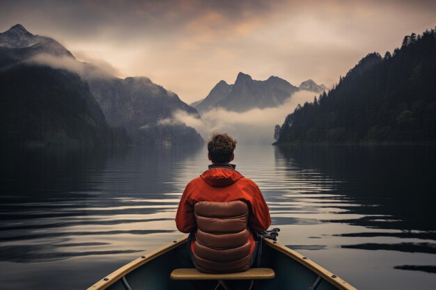 Zdjęcie mężczyzna siedzący w łodzi na jeziorze z górami na tle