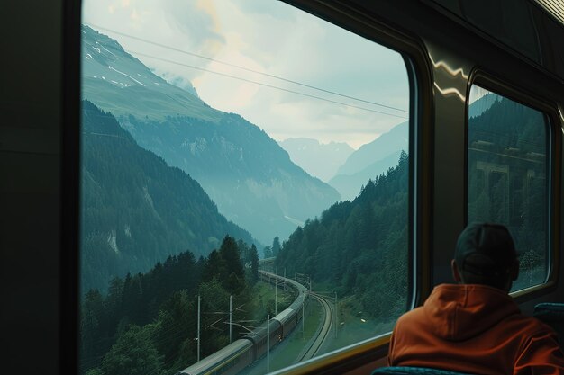 Mężczyzna siedzący w pociągu patrzący przez okno