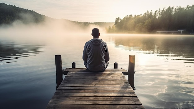 Zdjęcie mężczyzna siedzi na doku i patrzy na jezioro.